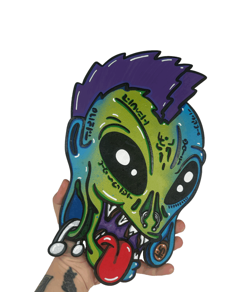 hand painted cartoons on laser mdf wood panel wood painting decoration decor interior design art alien punk ufo artist Portugal Portuguese