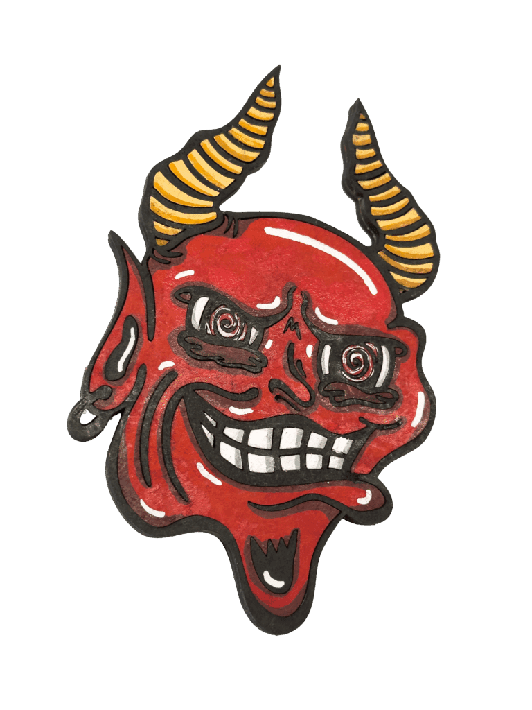 hand painted cartoons on laser mdf wood panel wood painting decoration decor interior design art graffiti spray can crack kids molotov 94 Montana colors artist Portugal Portuguese devil hell Lucifer